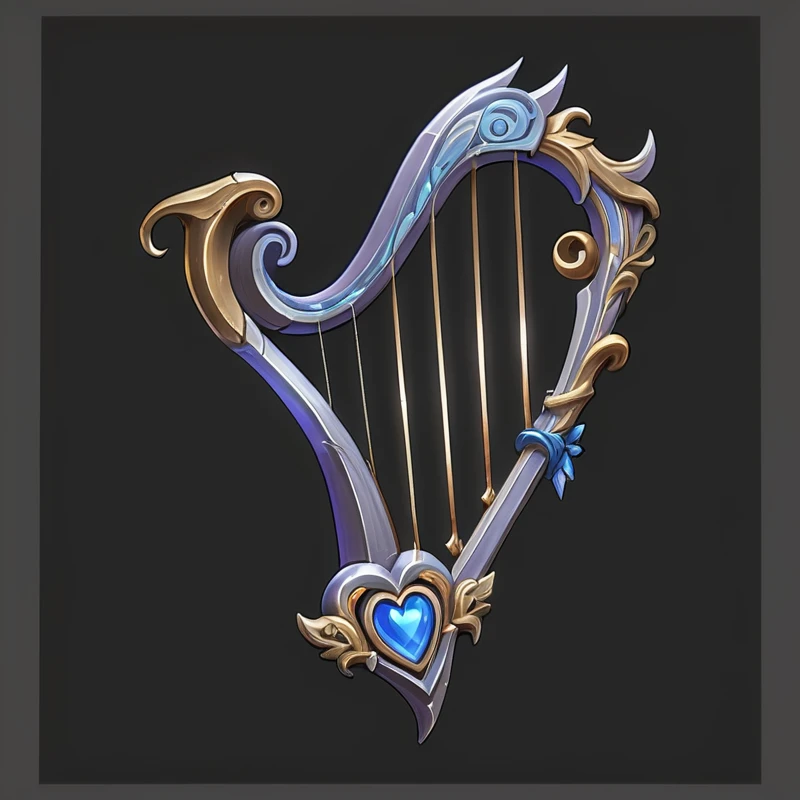 a close up of a harp with a heart on it, Hearthstone Weapon Art, harp, Heartstone original art style, (Fantasy Violin), Fantasy Violin, Role Playing Game Items, A long, delicate, ornate sickle, Fantasy RPG Weapon Art, Huge stylized shoulder armor, Fantasy ...