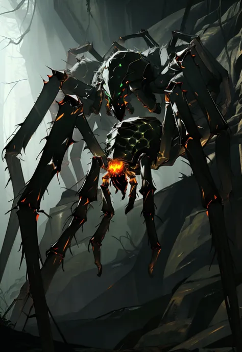 Giant furry spider, large cave, giant cave, dark cave, intricate, unreal engine, cinematic lighting, dark and gloomy, scary caverns, giant pit, action shot, carnal, Arachnomorph, green eyes, multiple eyes, runic figures, giant spider, swarm of spiders, gia...