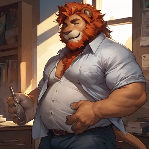 SemiMuscular and chubby , male middle aged, anthro lion, thin beard, flirting, dynamic light, opened Shirt, thick shirt ,Orange hair and beard, extremely hot and sexy, Daddy figure, hot daddy, boss, by darkgem, by zixiong, by glitter trap boy