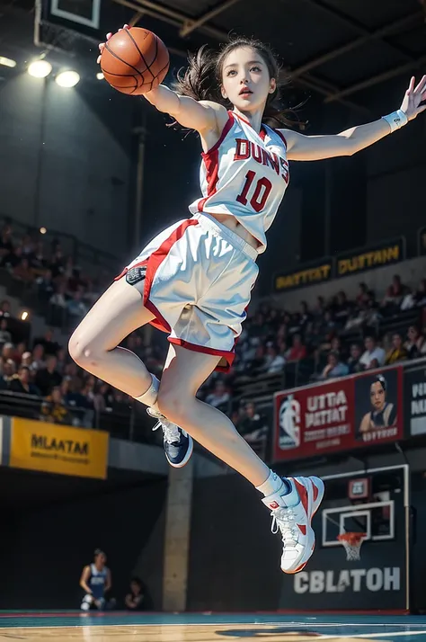 (((best quality))), (((ultra detailed))), (((masterpiece))), illustration, ((1girl,female basketball player,solo)),(slam dunk:1.3),(dunking in the air:1.3), intensity, determined expression, flushed face, perspiration, almond-shaped eyes, mesh jersey, team...