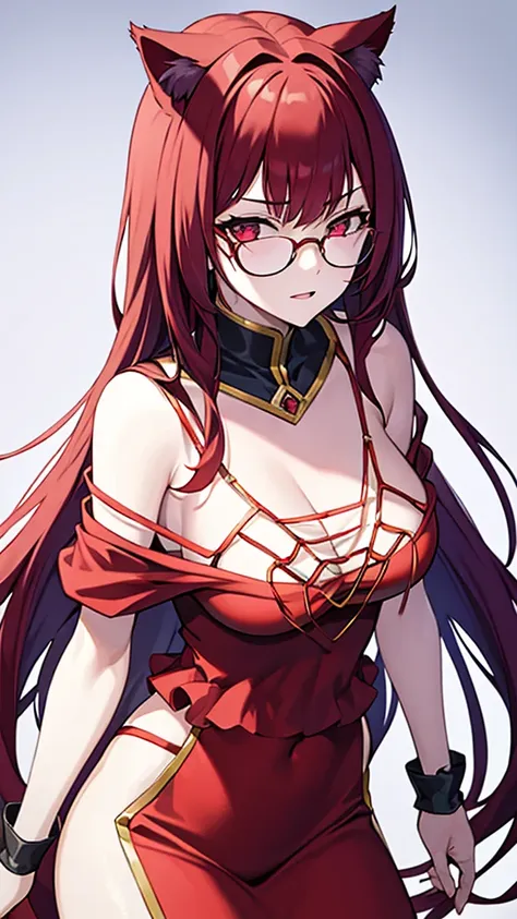 a 20 year old female villain with long dark red hair, red cat eyes, chest with red cat ears, round glasses, black dress,