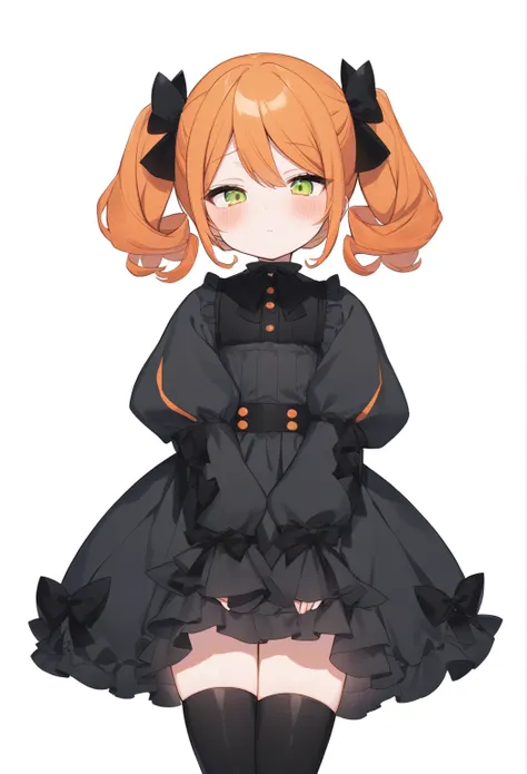 cute girl, bright orange and dark black, thigh-high socks, gothic style, small bust, witch's clothes, simple background, front v...