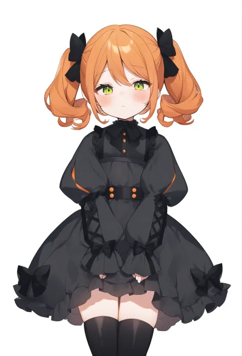 cute girl, bright orange and dark black, thigh-high socks, gothic style, small bust, witch's clothes, simple background, front v...