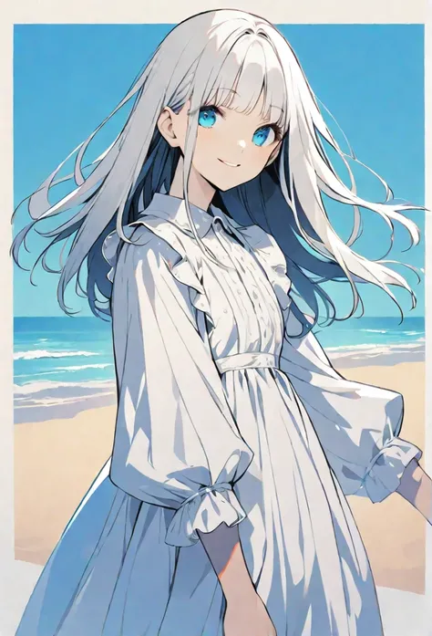 solo,handsome, monotone,
1. Female,
,Straight Hair,long Hair,, silver hair, 
Kazuka Nakano ,
Light blue eyes,Soft look,
beautiful,Lolita,Darkness, Russian,
smile,skin, Blue sky, neat and tidy,
White casual dress, 
simple background ,
beach background,