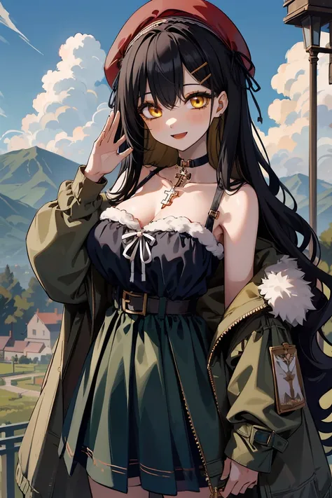 (masterpiece:1.2), (high quality:1.2), girls with((1girl, solo, black hair, yellow eyes, smiling, (wavy long hair, wearing a red beret, hairclips:1.45), bare shoulder, off shoulder, blush, breasts, choker, cleavage, coat, cowboy shot, navy lace dress, cami...