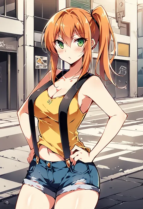 score_9,score_8_up, score_7_up,source_anime.superior,from front,front view,contrapost ,hands on hips,mediumshot, , (mature) ,(One girl:1.2), Outdoor, Green Eyes, Orange Hair, Side Ponytail, Yellow tanktop, cleavage,Sleeveless,navel,slender waist,Denim shor...