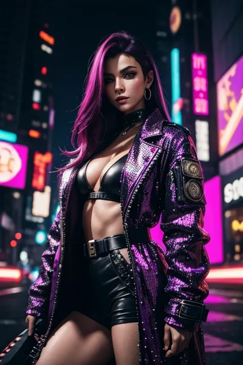 Cyberpunk, Woman, open sequin coat, mercenary