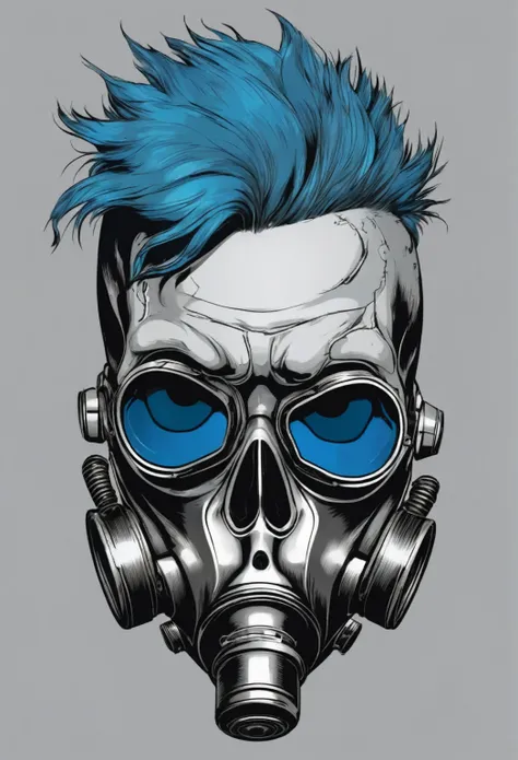 a skull of a man, wearing a gas mask with large air intakes, covering only the mouth and nose, with punk style hair and a creepy expression on his face, a close-up of a skull with a gas mask with large air intakes, covering only the mouth and nose. A skull...