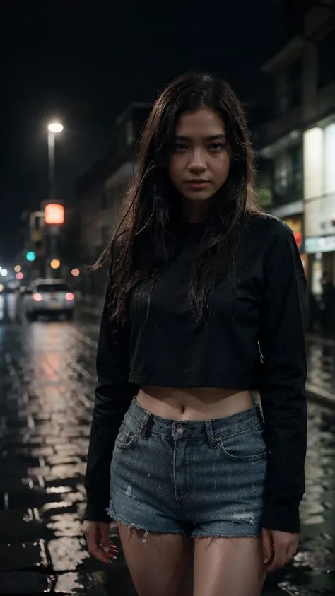 1girl,solo,long hair,Rough skin,(looking at viewer:1.2),wet hair,micro_shorts,dark,polaroid,(depth_of_field:1.5),rainy days,outdoors,street,hair between eyes,moody lighting,Tyndall effect,Cinematic Lighting,night,lamppost,lens flare,available light,rim lig...