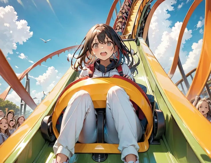 PHOTOGRAPH TAKEN OF A PERSON WHO GOES IN THE FRONT ROW IN A CART ON A SLIDING ROLLER COASTER, IT IS ABLE TO PERSIVE THE EFFECT OF THE SPEED WITH WHICH IT IS GOING DOWN. BEHIND HER, SEVERAL PEOPLE ARE WITH THEIR HANDS RAISED., SHE HAS AN ADRENALINE EXPRESSI...