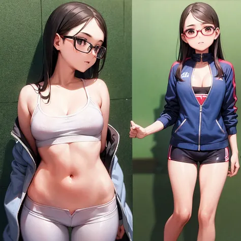 Cropped Jersey、hot pants、Glasses、Cleavage、sports warehouse、15 years old、School、Small face、Nsfw、Perfect proportions、Dynamic Pose