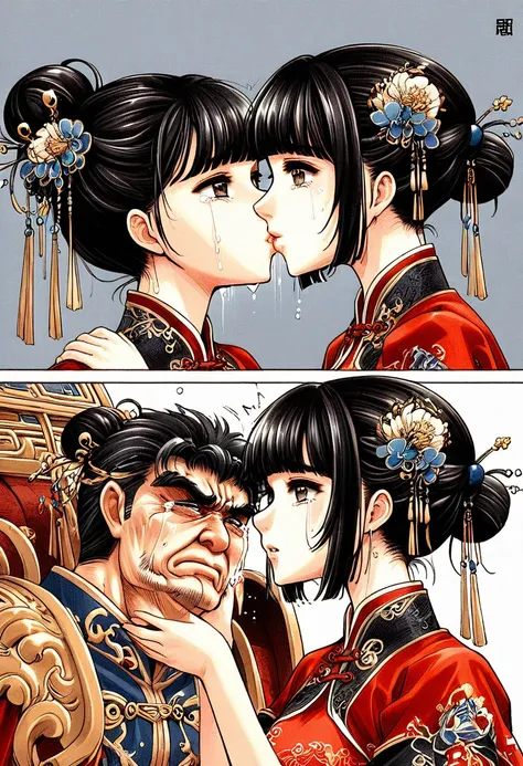 Period drama manga style　A 15-year-old super beautiful Chinese girl with black hair in a bun cut(1 person)　She is wearing a royal long-sleeved Chinese dress　She is forced to be held by the perverted old emperor while facing each other and cries.　She expose...