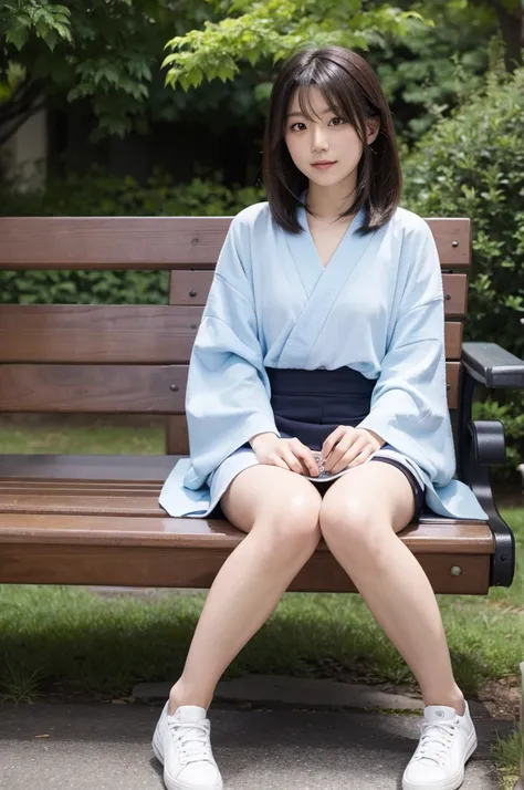 One Japanese girl、Sitting on a bench outside