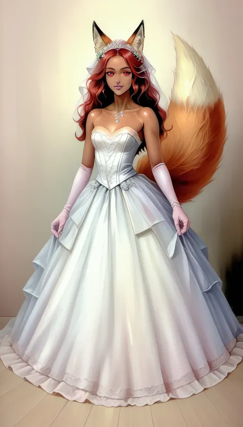 (zPDXL2),  score_9_up, painterly, faux traditional media, realistic, BREAK
1girl, solo, fullbody, (fox:1.2), (short wavy hair), glowing red eyes, (fox ears, fox tail), tanned skin, cyberpunk, wedding dress, wheat farm background, BREAK
AissistXLv2, unaesth...