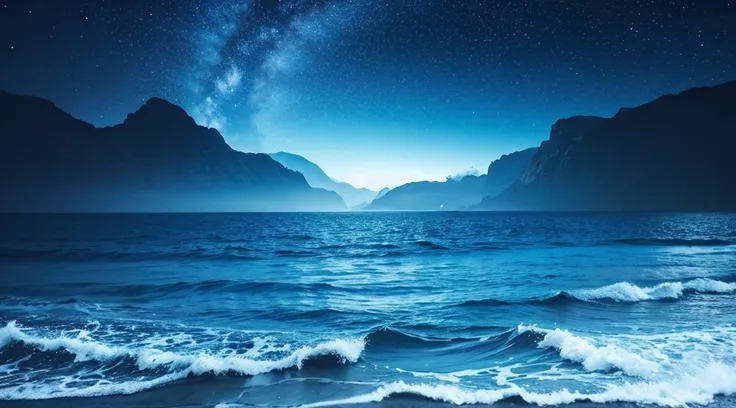 Healing　Silence with no buildings

Night sea painting drawn by a skilled artist
Blue ocean, underwater, a very beautiful and delicate touch, soothing healing
The overall impression is blue, black, and moonlight

Background that does not show people

