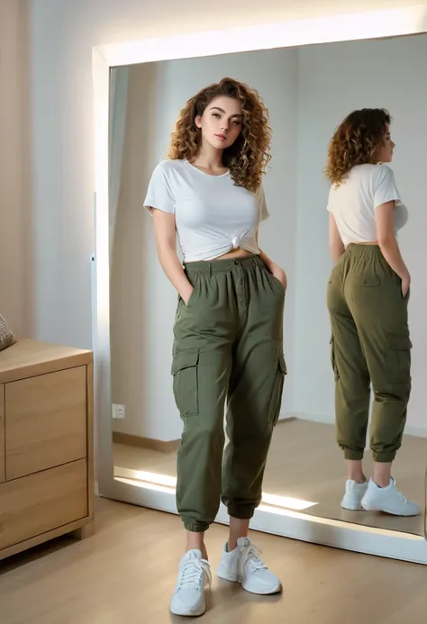 ”21yo girl, beautiful, curly hair, (wearing baggy t-shirt, wearing cargo trousers, sneakers), natural big breast, plumpy body, in front of mirror, modern cinematic lighting, ray tracing, drop shadow wide shot UHD, textured skin, high details, best quality ...