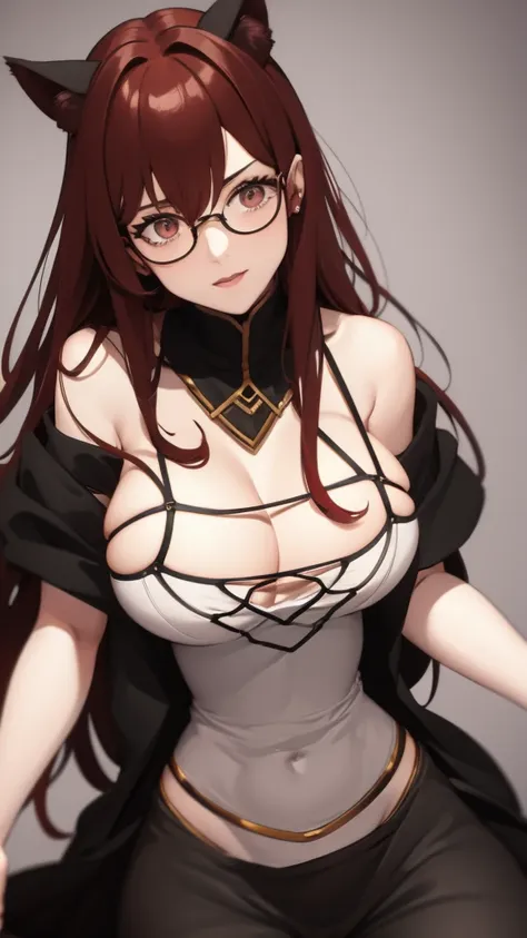 a 20 year old female villain with long dark red hair, red cat eyes, chest with red cat ears, round glasses, black dress,