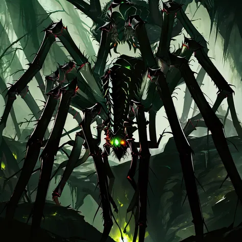 large cave, giant cave, dark cave, detailed hairy look, dark and gloomy, scary caverns, dark lighting, carnal, Arachnomorph, (green eyes), ((8 eyes, multiple eyes)), giant cavern, (dark area), foggy, camouflaged, stealthy, green runes, green magic, ((giant...