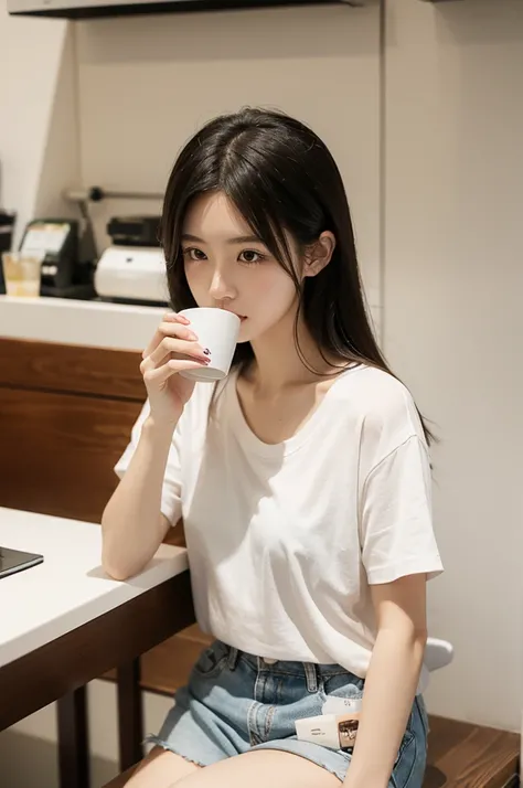 One Japanese girl、Drinking coffee at a cafe。Dressed in a white T-shirt and shorts。