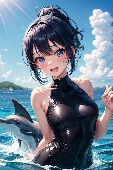 femaleの子,Swimming with dolphins,Cute dolphin,Lots of dolphins,Sky Blue Hair_female,Dark blue eyes_female,Medium Short_female,ponytail_female,Wetsuits_Navy and white,かわいいfemaleの子,A very happy expression,Mouth wide open,blush,In the sea,