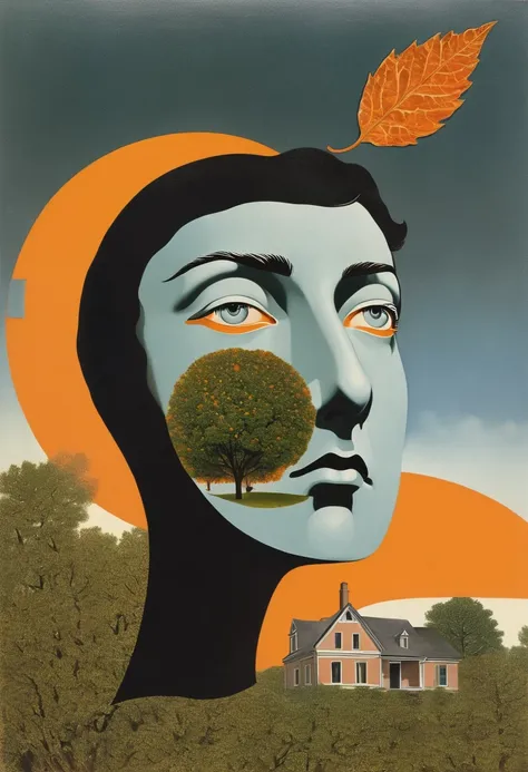 René Magritte，Weird dislocation art in the sky：Collage画，There are many different things on the face，house，leaf，Geometric Dislocation，Collage,Hollow，Artistic sense，Painting，paint，Simple，Black and Orange