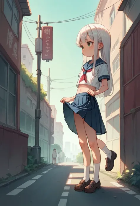   girl,serafuku,skirt lift,bottom less,((flat chest)),slender,long hair,(loli),white hair, city street 
