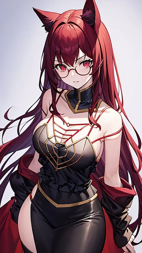 a 20 year old female villain with long dark red hair, red cat eyes, chest with red cat ears, round glasses, black dress,