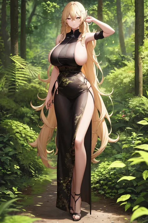 A woman，Long blond hair，Black eyes，in the forest，Wearing a black bikini，cheongsam，Long legs，Nipple protrusion，Twenties，exposed，Black high heels，Huge breasts，超级Huge breasts，Standing