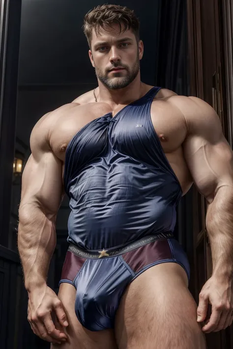 filmposter，wide angles，A Handsome charming European male star。aged 40，Sexy beard，blue colored eyes，The body of a bodybuilder，Muscular very developed，sexy muscular body，muscular attractive man，muscle men，handsome，small heads，Handsome，Short brown curly hair，...