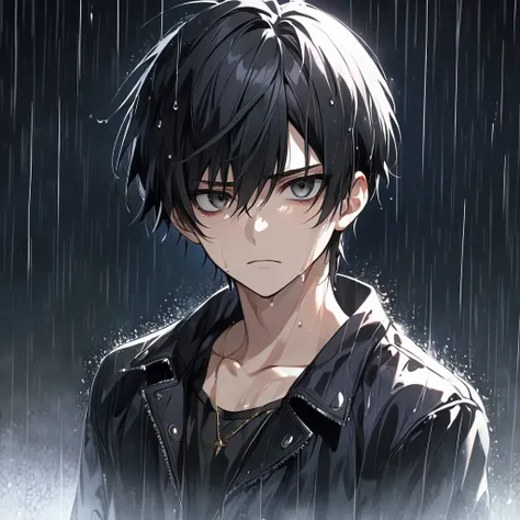 high quality, High resolution, 4K, Handsome man, 1 male, 17 years old, teenager, Short black hair, Sharp eyes, Black eyes, The devil may cry,  Calm expression, Stoic expression, rain，Wet、whole body