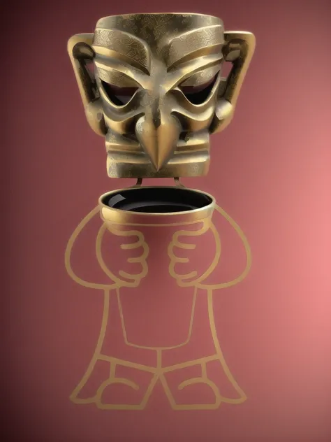 Close up of bronze cartoon character holding a cup of coffee, Pick up, Sanxingdui Ornamentatio, Sanxingdui, 拿着Coffee cup的全身青铜人物, mascot, Coffee cup, masterpiece，Rich details，High-definition quality