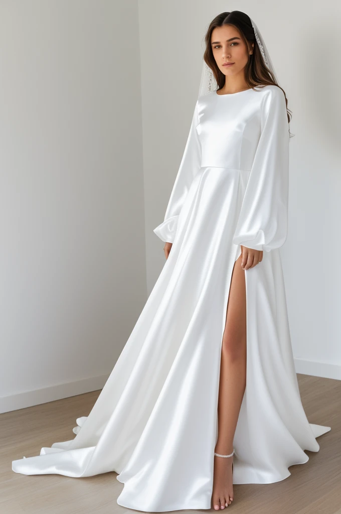 Best quality, 8k, 32k, Masterpiece, Masterpiece, (Photorealistic: 1.4), RAW photo, ultra realistic, 1girl, Fashion model, Wearing a long sleeves wedding dress, satin fabric, full length view, pose Stand upright in white room with a minimalist design, featu...