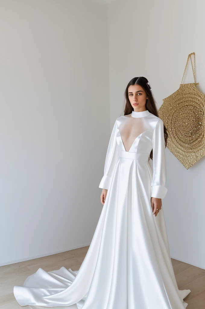 Best quality, 8k, 32k, Masterpiece, Masterpiece, (Photorealistic: 1.4), RAW photo, ultra realistic, 1girl, Fashion model, Wearing a long sleeves wedding dress, satin fabric, full length view, pose Stand upright in white room with a minimalist design, featu...