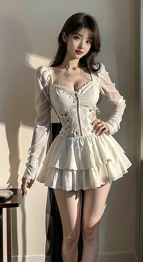 dark dress, ((Full breasts)), ((Visible cleavage)), ((The skirt is short)), ((Sexy legs)), ((knee shot)), ((Standing, Elegant posture)), 1girl,独奏, 1girl, Cute Girl, red makeup, Ancient makeup, Beauty, Practical, Fashion Girl, Red lips, Mature women, Exquis...