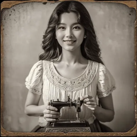 beautiful girl from Indonesia, white t-shirt, beautiful face, shining black hair, brown eyes, curly eyelashes, white skin, smiling expression, sewing with a machine. modiste space background. there is an old model radio. nivanh chanthara , mai anh tran, da...