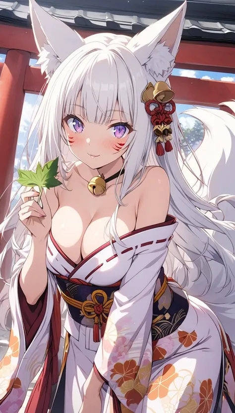 a anime girl posing in a kimono and holding a catnip leaf, 1girl, tail, animal ears, fox ears, fox tail, breasts, long hair, white hair, torii, solo, japanese clothes, cleavage, wide sleeves, looking at viewer, fox girl, bangs, bell, off shoulder, facial m...