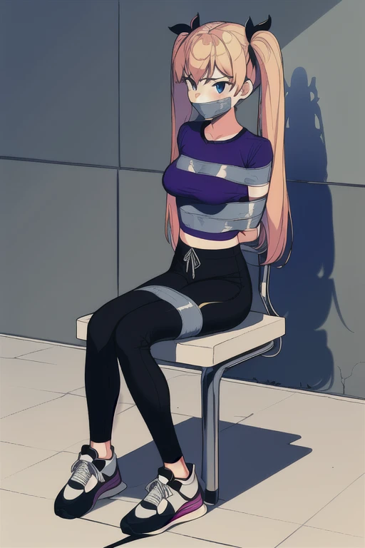 ((1 girl)), ((twin tails)), (arms behind back:1.4), ((simple_background)), ((concrete floor, concrete wall)), ((dark empty room)), tied hands, tied ankles,  ((arms behind back)), ((((arms behind back)))), ((sitting on a chair)), ((mouth close)), ((mouth ga...