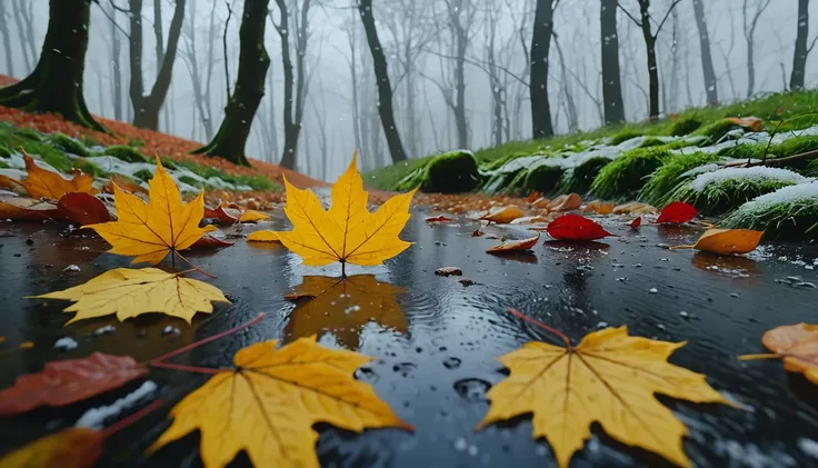 winter leaves, magical round leaves leaves falling, snow is falling thinly,nature documentry footage, youtube video screenshot, ...