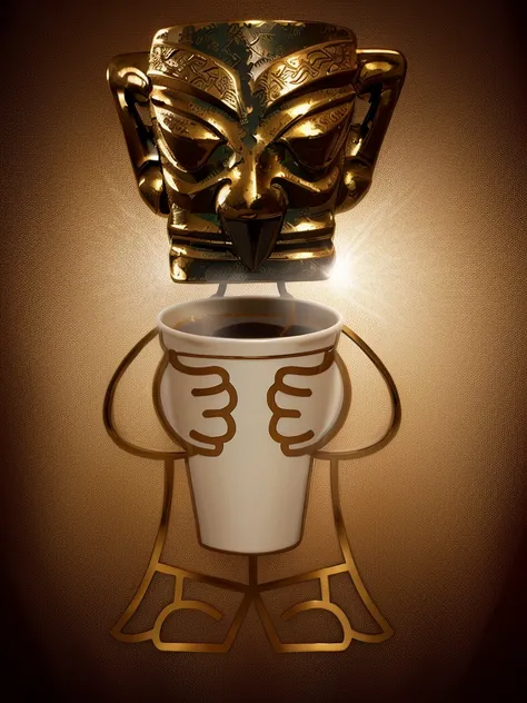 Close up of bronze cartoon character holding a cup of coffee, Pick up, Sanxingdui Ornamentatio, Sanxingdui, 拿着Coffee cup的全身青铜人物, mascot, Coffee cup, masterpiece，Rich details，High-definition quality