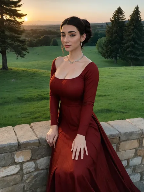 Gorgeous and sultry busty athletic (thin) brunette queen with sharp facial features wearing a modest updo, dark red medieval dress, long sleeves, intricate patterns, scrollwork, wide neck, crown, veil, long dress, modest dress, tight bodice, (silver waist ...