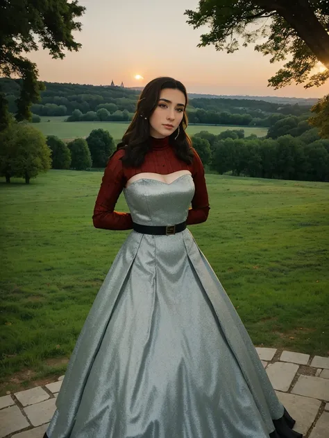 Gorgeous and sultry busty athletic (thin) brunette queen with sharp facial features wearing a modest updo, dark red medieval dress, long sleeves, intricate patterns, scrollwork, wide neck, crown, veil, long dress, modest dress, tight bodice, (silver waist ...