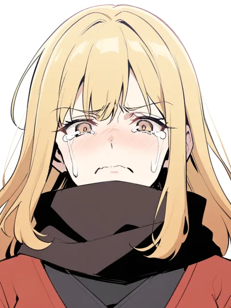 {{Upper part of the body}} {{Artist: sincos}} mature woman, Straight hair, wide, with black and blonde highlights, light brown eyes, black ninja scarf, Red jacket, tight black t-shirt, Gloves without fingers, with tears in the eyes, crying, serious express...