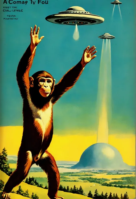 A monkey waving at a UFO from behind，author：Zdzislaw Bieksinski、Old photos grainy，Old Science Fiction Magazine Covers