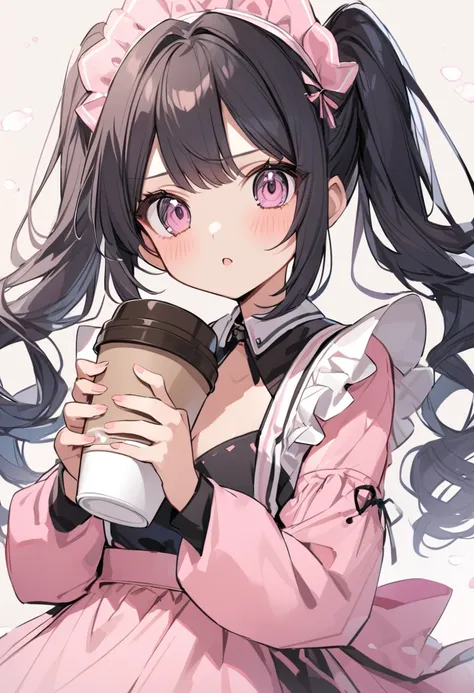 Aromatic coffee、Maid in pink clothes、Chest open、Black hair twin tails、holding a coffee cup