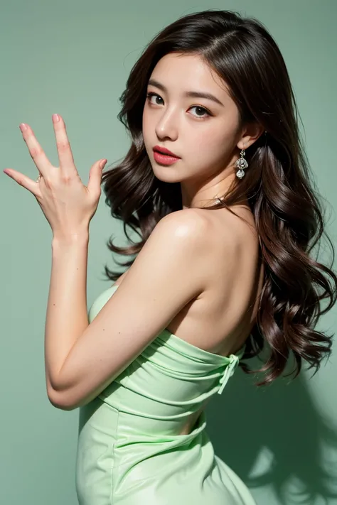 (nude)Wavy long hair, Brown Hair, One girl, Emerald Eyes, Shake with two fingers, Pink Lips, Pastel Green Dress,