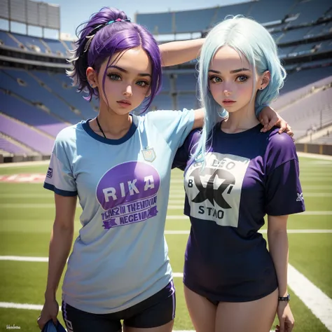 A white girl with blue hair mixed with purple in a football stadium, backwards ,with the Argentine t-shirt that says Luciana, next to a boy with tan skin, pelo negro backwards con la camiseta de Argentina  que diga branko 