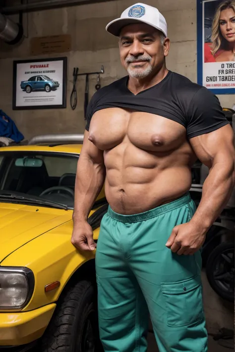 a 50-year-old Mexican man working as a mechanic in an auto shop. This man is muscular and strong, with large biceps that reflect the years of physical work and dedication to the trade. His skin has a warm tone and is adorned with tattoos that tell stories ...