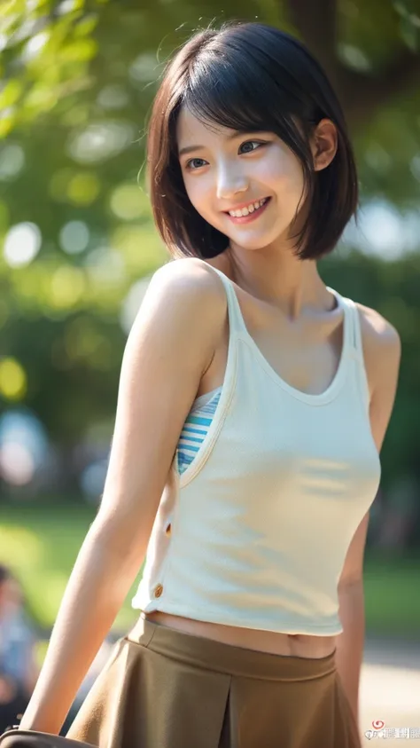 masterpiece、Highest quality、Official Art、Highly Detailed CG Wallpaper in Unity 8K、Tank top、Like a 、Very delicate and beautiful、Ultra-high resolution、（Photorealistic：1.4）、Golden Hour Lighting、（Upper body）、（プラチナshort hair：1.2）、（Puffy eyes）、Looking at the aud...