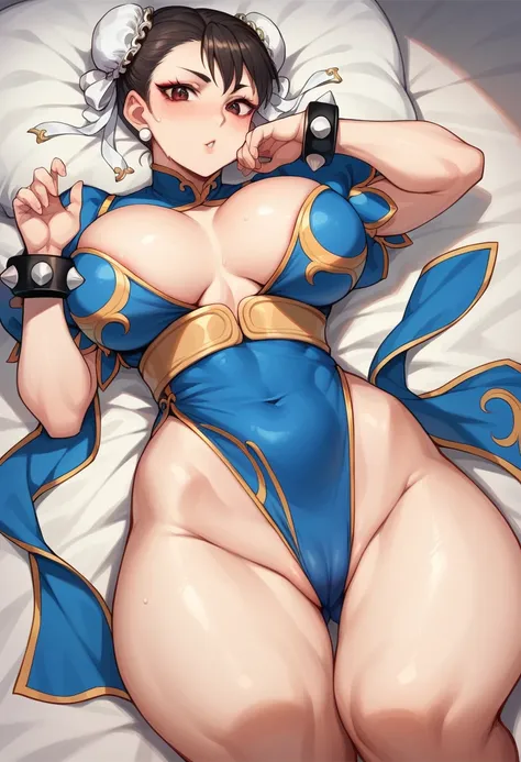 Sexy cute girl in sexy cosplay chun li costume without underwear. The girl is 24 years old with big chest and big pussy. The costume cover her chest 