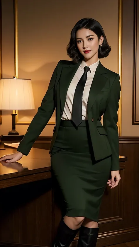 (full body portrait), in the office, a chinese beauty in uniform, (retro finger waves),finger waves, perfect face, smirk, lipsti...